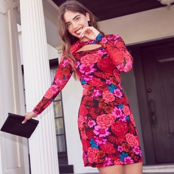 The Get Size L Dress Long Sleeve Roses Black Red Cut Out Sheer Body-con Pencil. - Picture 1 of 9
